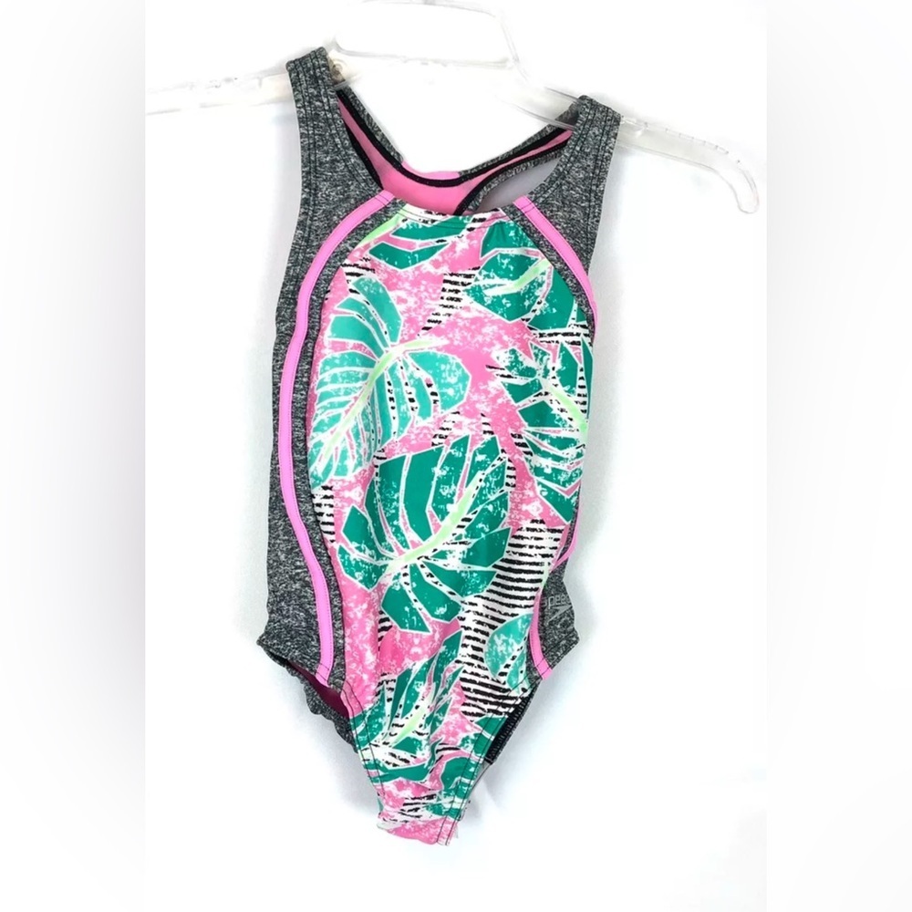 Speedo Girl’s Racerback One Piece Swimsuit Size 7 Grey/Pink